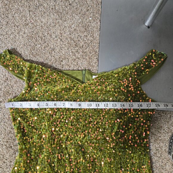 XL (10-12+) Faeriesty Chartreuse Green Velvet Off-Shoulder Mermaid Gown Sequins - Picture 5 of 8